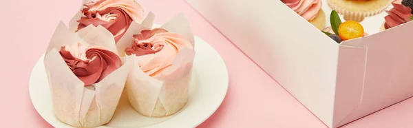 Plano Panorámico Sabrosos Cupcakes Plato Blanco Caja Sobre Superficie Rosa — Foto de Stock