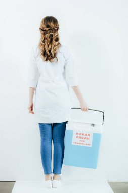 beyaz üzerinde izole transplantasyon için kova tutan beyaz ceketli doktorun geri görünümü