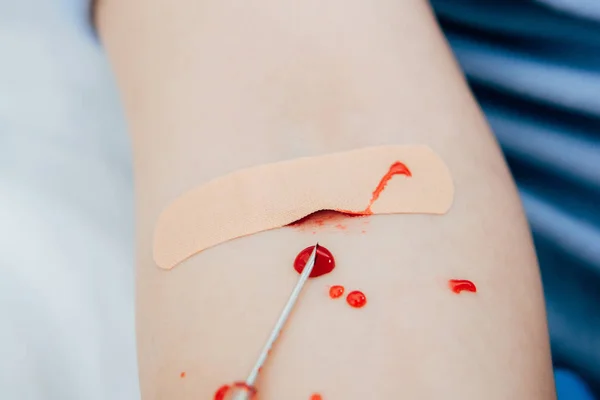 Partial View Woman Adhesive Bandage Blood Drops Syringe — Stock Photo, Image