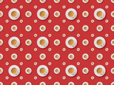 parlak kırmızı arka plan üzerinde fincan ve tabaktaze kahve ile sorunsuz desen