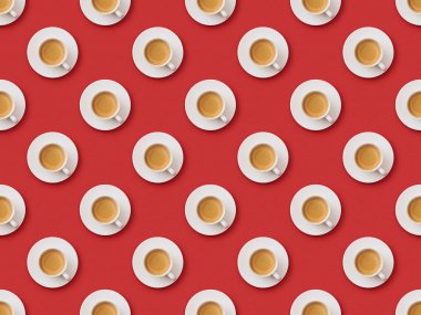 seamless pattern with fresh coffee in cups and saucers on red background clipart
