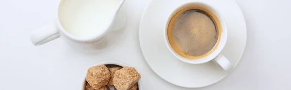 Panoramic Shot Coffee Cup Saucer Milk Brown Sugar White Background — Stock Photo, Image