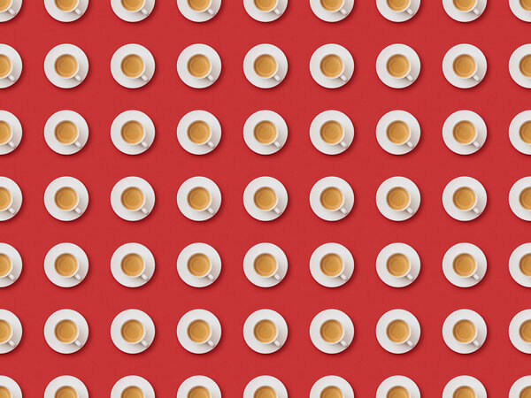 seamless background pattern with coffee in cups and saucers on red background