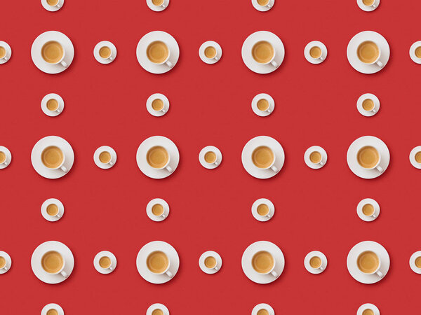 seamless background pattern with fresh coffee in cups and saucers on red background