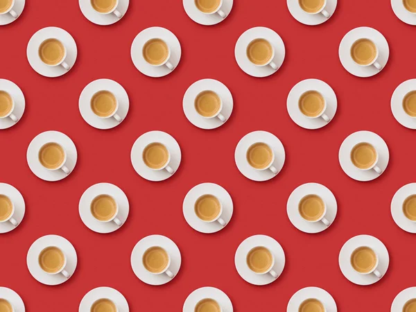 Seamless Pattern Fresh Coffee Cups Saucers Red Background — Stock Photo, Image