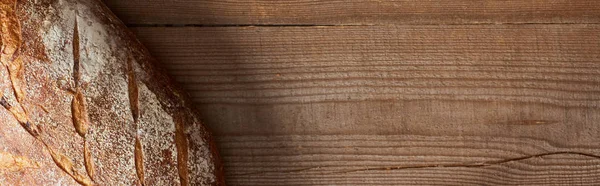 Top View Fresh Bread Loaf Wooden Table Panoramic Shot — Stock Photo, Image