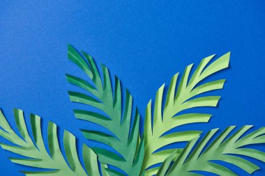 top view of green paper cut leaves on blue background with copy space clipart