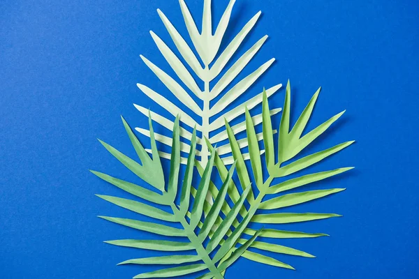Top View Green Paper Cut Exotic Leaves Blue Background — Stock Photo, Image