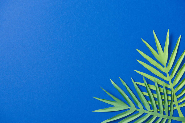 top view of green paper cut leaves on blue background with copy space
