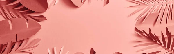 Vista Superior Hojas Palma Cortadas Papel Exótico Sobre Fondo Rosa —  Fotos de Stock