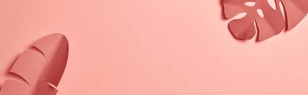 Панорамный Снимок Декоративной Бумаги Срезающей Экзотические Листья Розовом Фоне Копировальным — стоковое фото