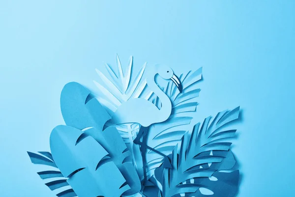 Top View Blue Minimalistic Paper Cut Flamingo Palm Leaves Blue — Stock Photo, Image