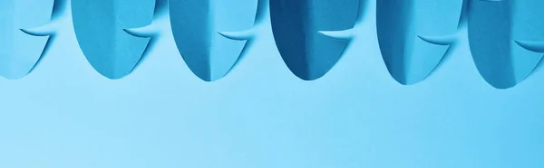 Panoramic Shot Blue Minimalistic Paper Cut Palm Leaves Blue Background — Stock Photo, Image