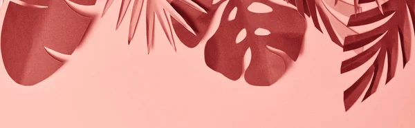 コピースペースとピンクの背景に紙カット装飾ピンクとバーガンディヤシの葉のパノラマショット — ストック写真