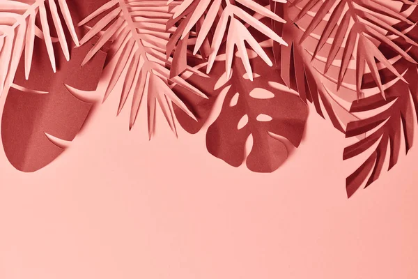 Vista Superior Hojas Palma Rosa Borgoña Decorativas Cortadas Papel Sobre — Foto de Stock