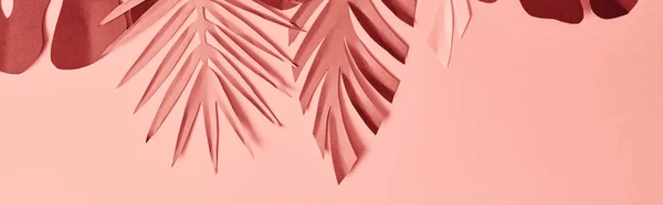 ピンクの背景にカラフルな紙カットヤシの葉のトップビュー パノラマショット — ストック写真