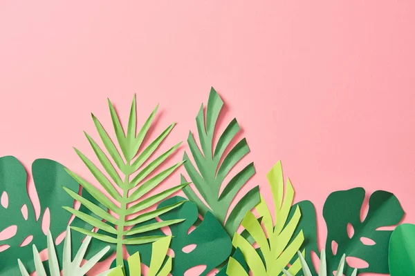 Top View Green Palm Leaves Pink Background Copy Space — Stock Photo, Image