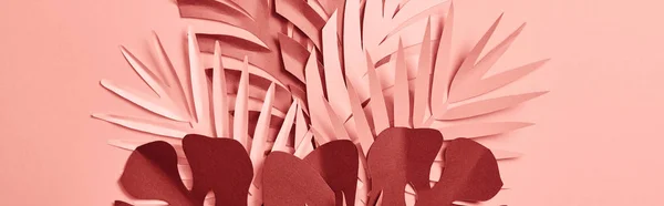 Panoramic Shot Paper Cut Palm Leaves Pink Background — Stock Photo, Image