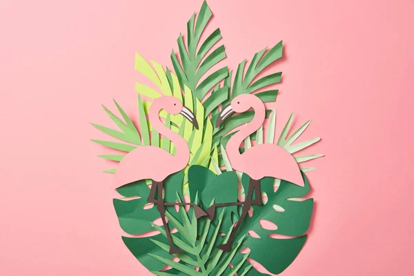 Top View Paper Cut Flamingos Green Palm Leaves Pink Background — Stock Photo, Image