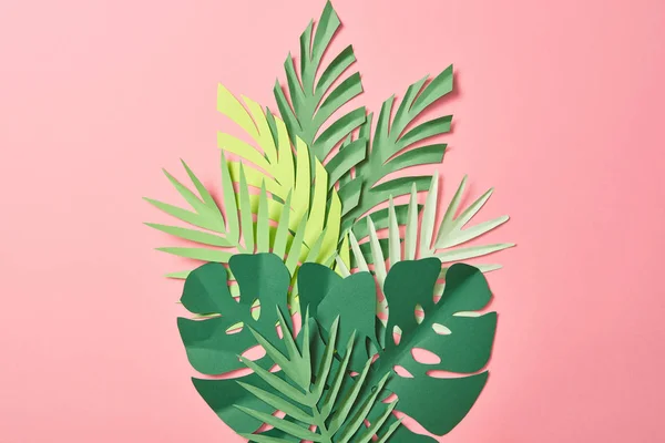 Top View Green Palm Leaves Pink Background Copy Space — Stock Photo, Image