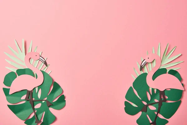 Top View Paper Cut Flamingos Green Palm Leaves Pink Background — Stok Foto