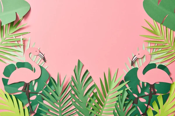 Top View Paper Cut Flamingos Green Palm Leaves Pink Background — Stock Photo, Image