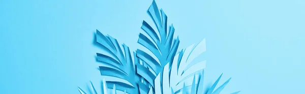 Vedere Sus Albastru Hârtie Minimalistă Tăiat Frunze Palmier Fundal Albastru — Fotografie, imagine de stoc