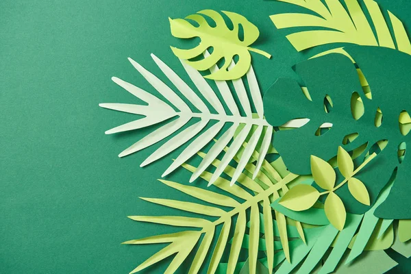 Top View Tropical Paper Cut Palm Leaves Green Background Copy — Stock Photo, Image