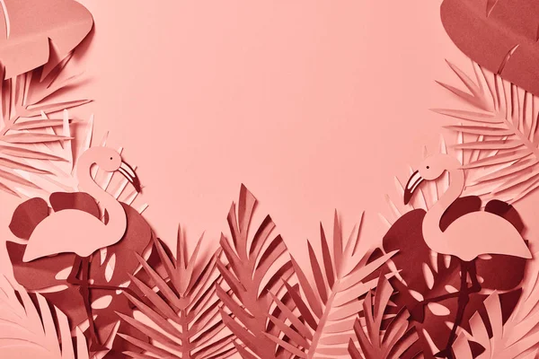 Top View Pink Exotic Paper Cut Palm Leaves Flamingos Pink — Stock Photo, Image