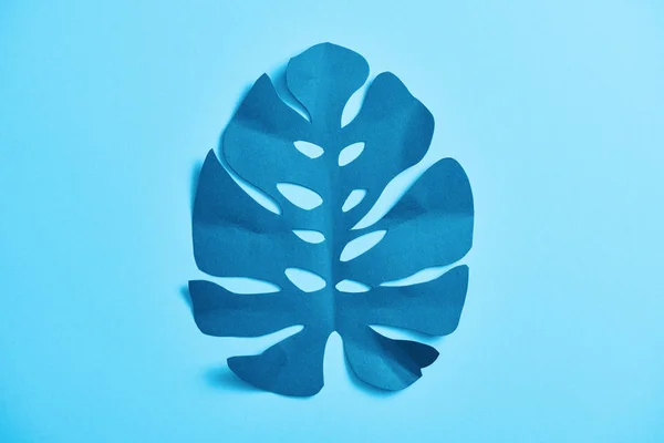 Top View Blue Exotic Paper Cut Palm Leaf Blue Background — Stock Photo, Image