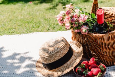 bahçede güneşli bir günde saman şapka ve çilek yakın beyaz battaniye üzerinde gül ve şarap şişesi ile hasır sepet
