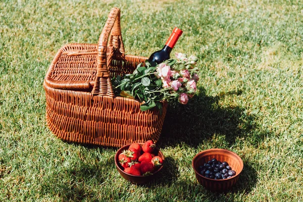 Canasta Mimbre Con Rosas Botella Vino Sobre Hierba Verde Cerca — Foto de Stock