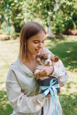 hediye kutusunda sevimli köpek yavrusu ile yeşil bahçede sarışın mutlu kız