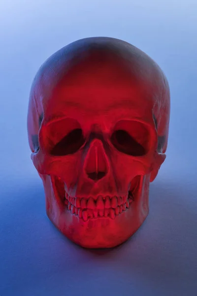 Spooky Human Skull Red Lighting Blue Background Halloween Decoration — Stock Photo, Image