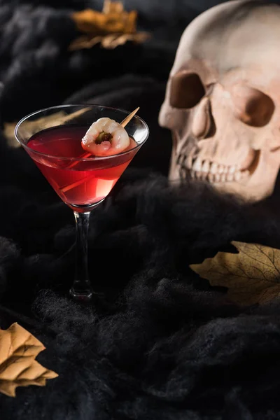 Red Cocktail Skull Maple Yellow Leaves Black Background — Stock Photo, Image