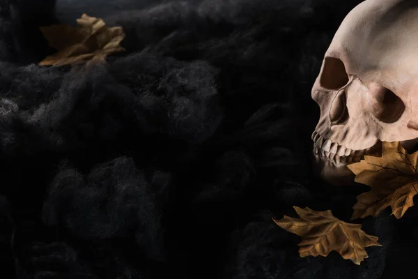 Crânio Humano Assustador Com Folhas Amarelas Nuvens Negras Decoração Halloween — Fotografia de Stock