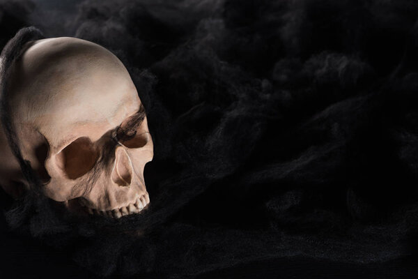 spooky human skull with black dark clouds and copy space, Halloween decoration