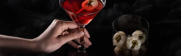 Panoramic Shot Woman Holding Red Halloween Cocktail Black Clouds — Stock Photo, Image