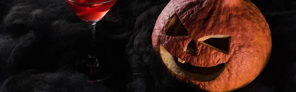 Panoramic Shot Red Decorated Halloween Cocktail Spooky Pumpkin Black Clouds — Stock Photo, Image