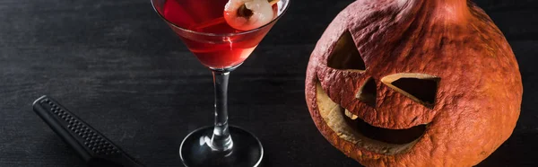 Panoramic Shot Spooky Halloween Pumpkin Red Cocktail Black Background — Stock Photo, Image
