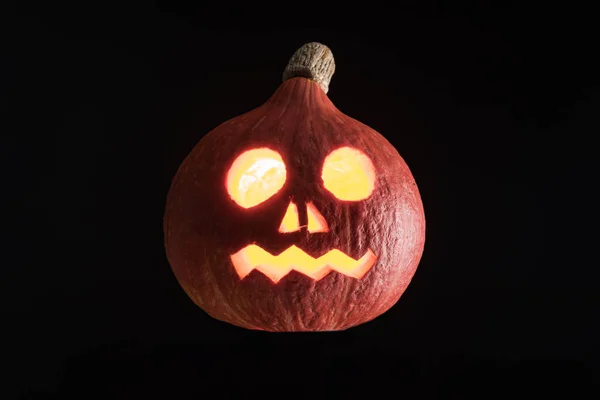 Vista Superior Linterna Halloween Tallada Espeluznante Calabaza Aislada Negro — Foto de Stock