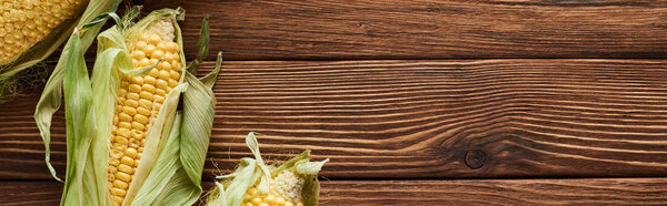 panoramic shot of fresh corn on wooden surface