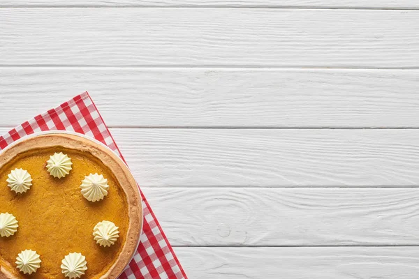 Tasty Pumpkin Pie Whipped Cream Checkered Napkin White Wooden Surface — Stock Photo, Image