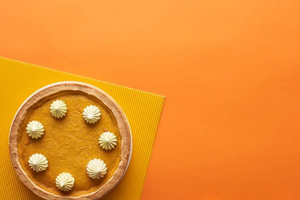 Top View Delicious Pumpkin Pie Whipped Cream Textured Napkin Orange — Stock Photo, Image