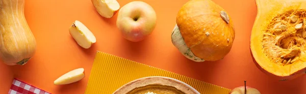 Fresh Whole Cut Pumpkins Apples Textured Napkin Orange Surface — Stock Photo, Image