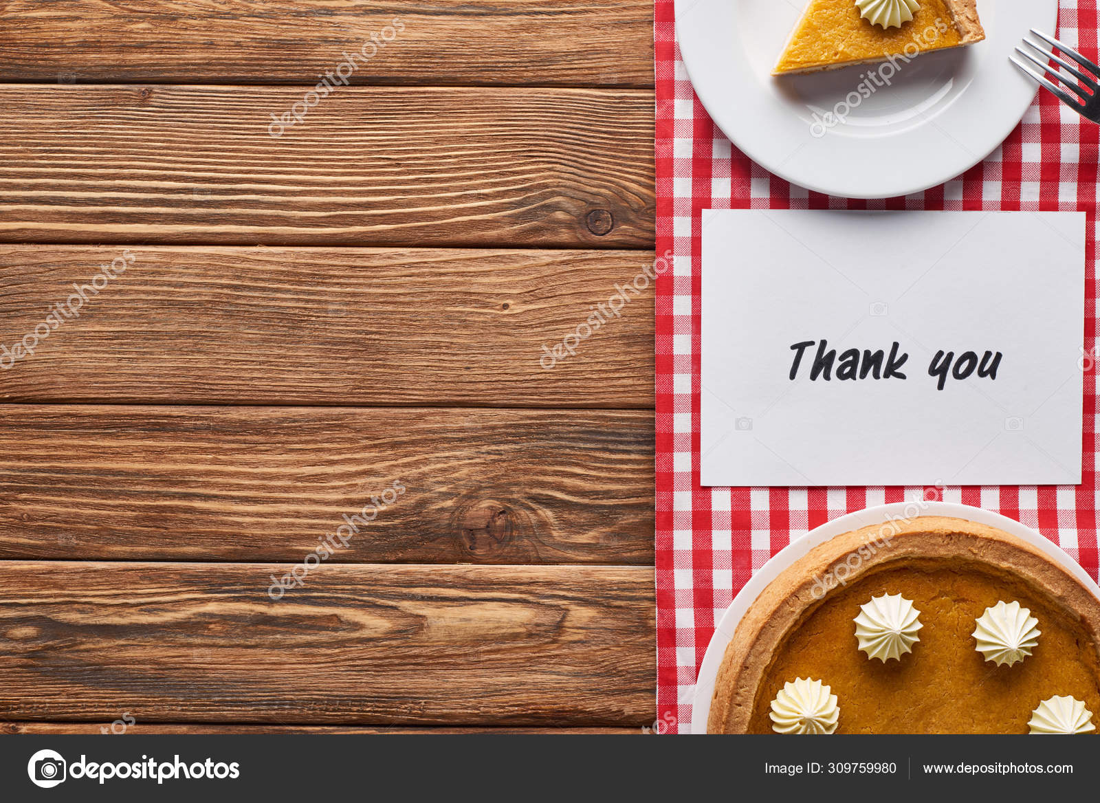 Top View Pumpkin Pie Thank You Card Wooden Brown Table — Stock Photo
