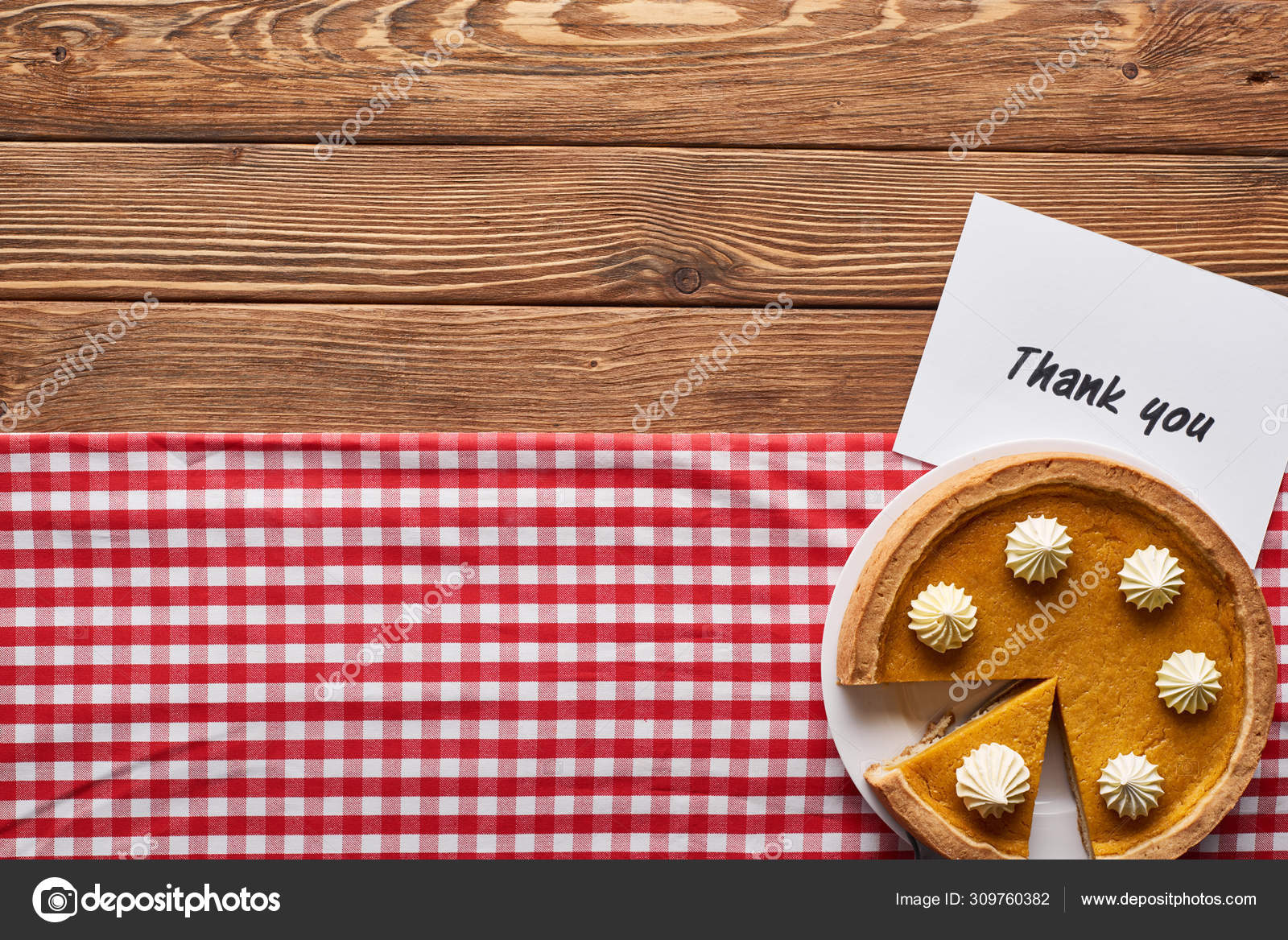 Top View Pumpkin Pie Thank You Card Wooden Brown Table — Stock Photo