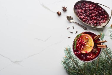 Portakal, nar, tarçın ve donmuş yaban mersinli Noel kokteylinin en üst görüntüsü 