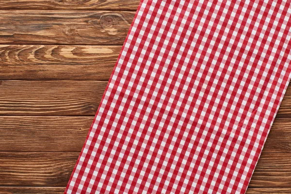 Top View Red Checkered Napkin Wooden Brown Table — 스톡 사진