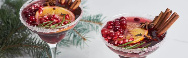 Panoramic Shot Christmas Cocktails Orange Pomegranate Cinnamon — Stock Photo, Image